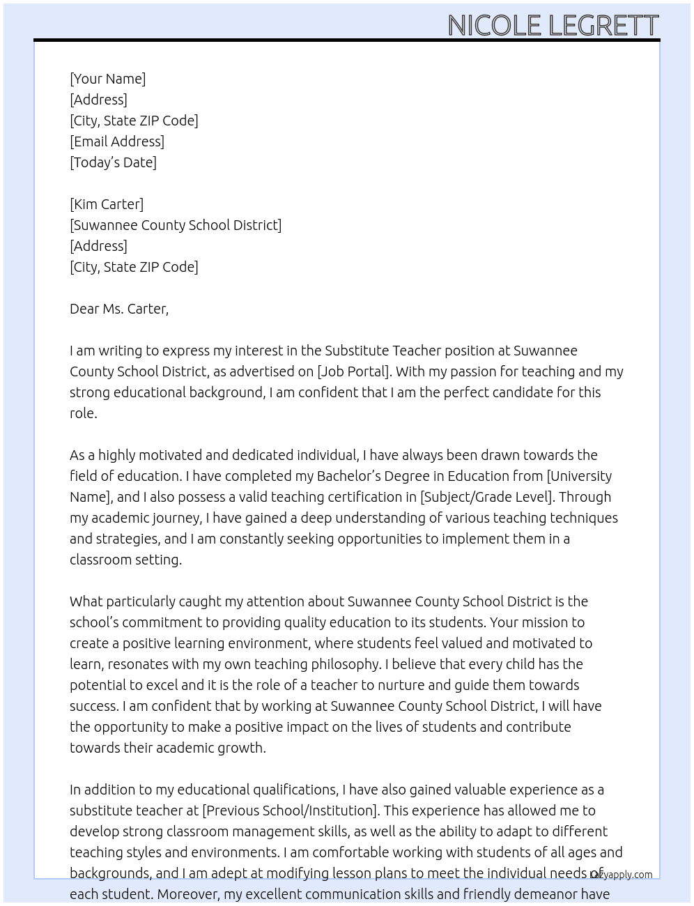 Substitute teacher At Suwannee County School District  Cover Letter