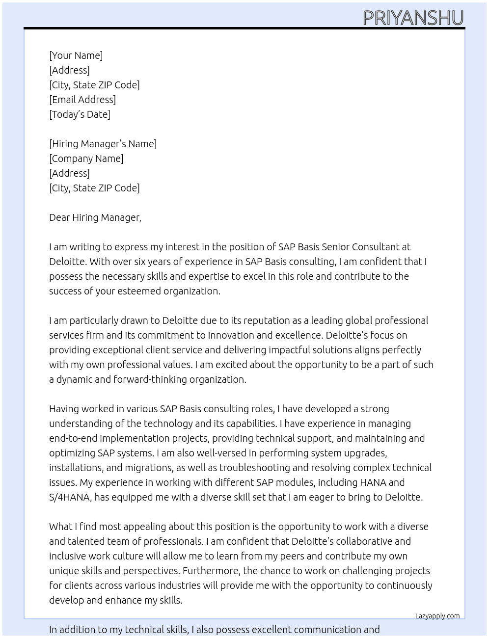 Cover letter for sap basis senior consultant - LazyApply