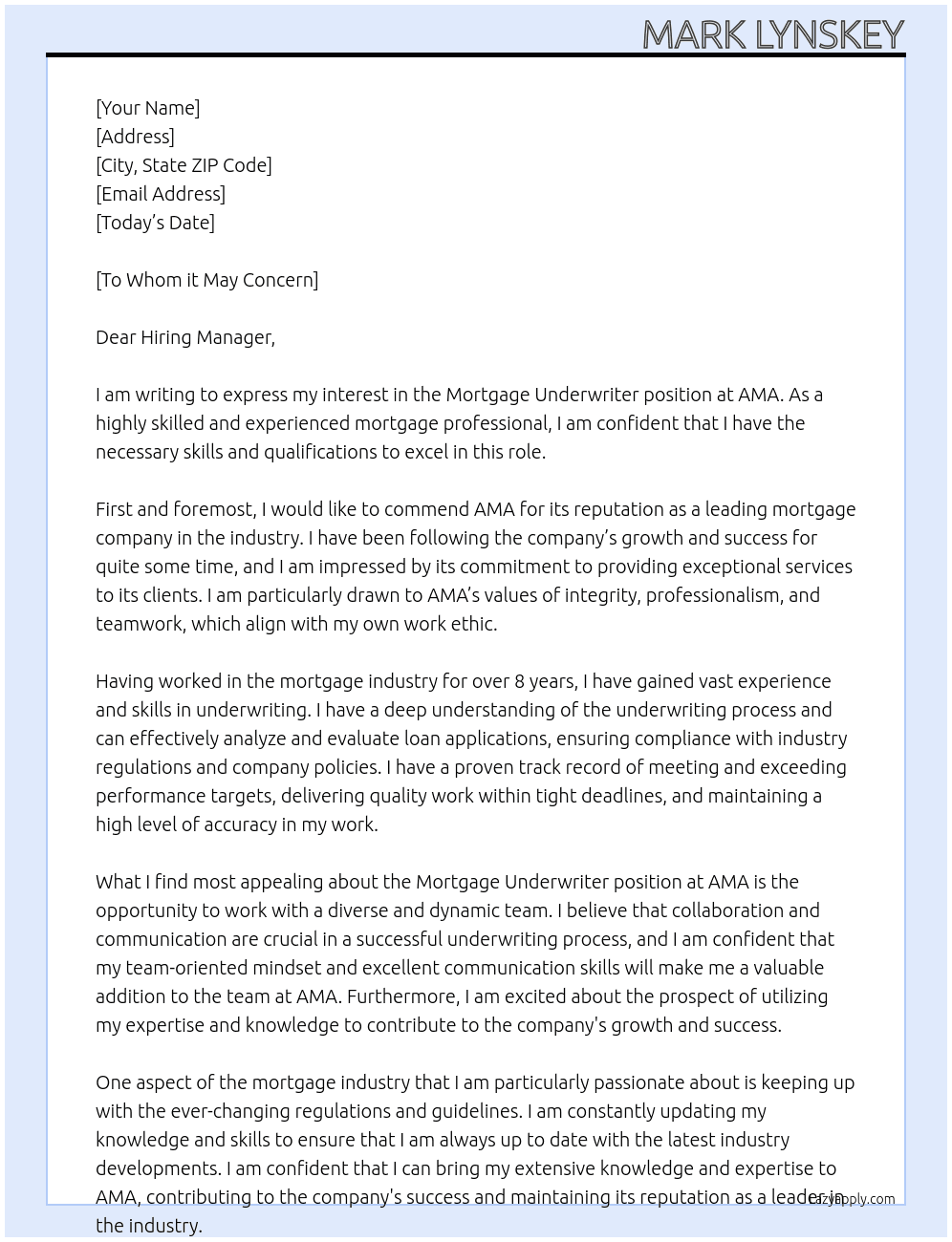 Mortgage Underwriter At AMA Cover Letter