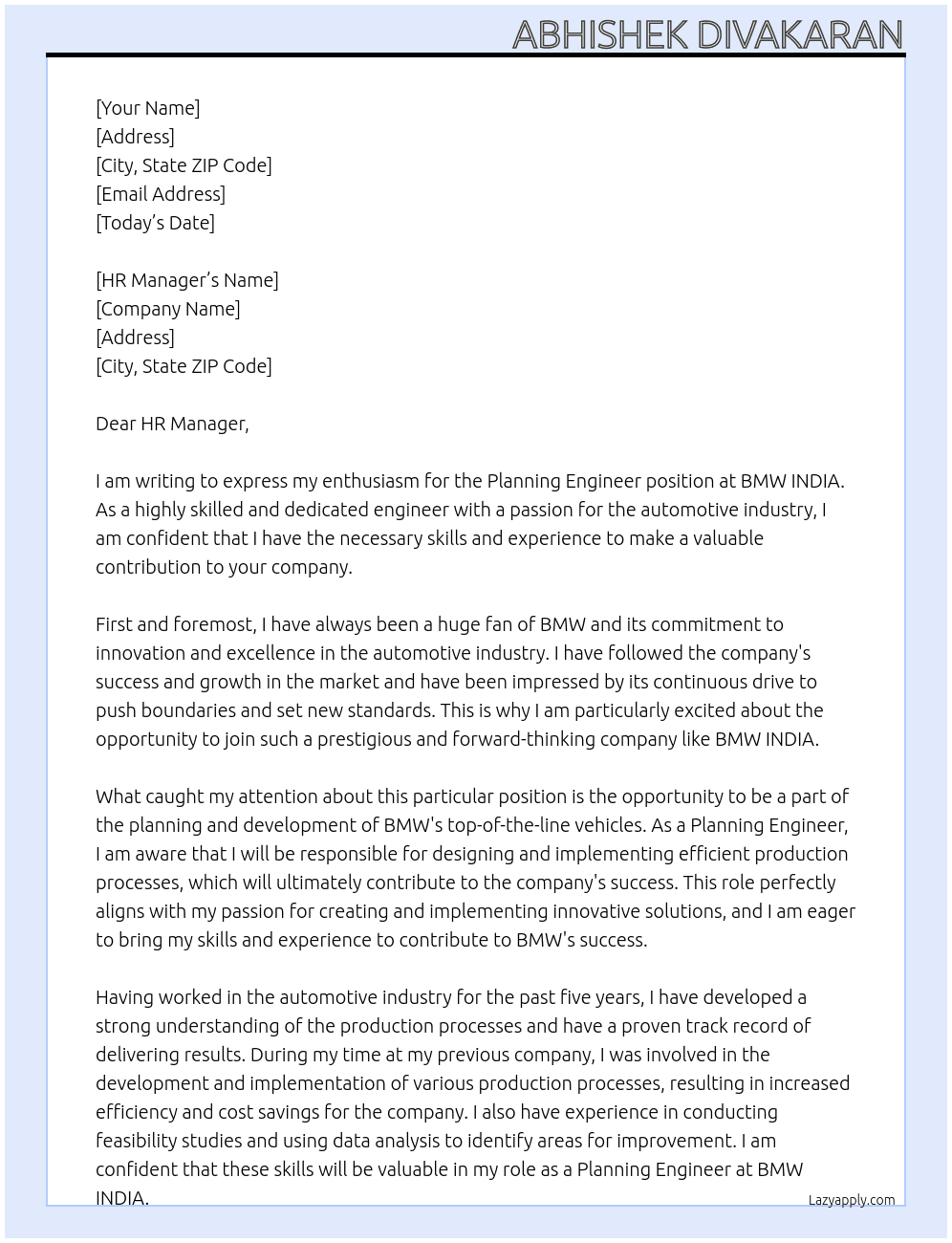 Planning Engineer At BMW INDIA Cover Letter
