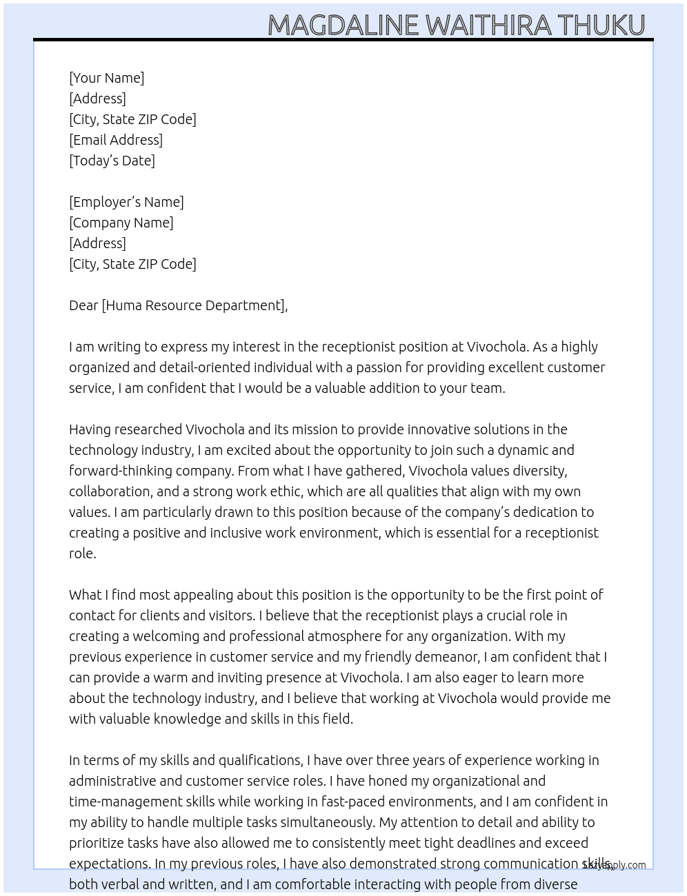 receptionist At vivochola Cover Letter