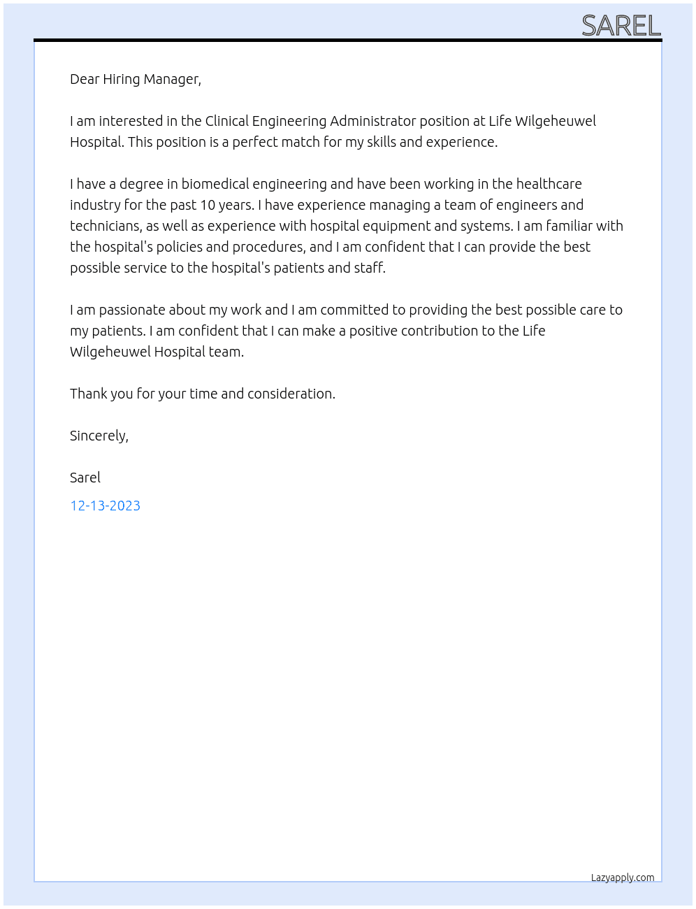 Clinical Engineering Administrator At Life Wilgeheuwel Hospital Cover Letter