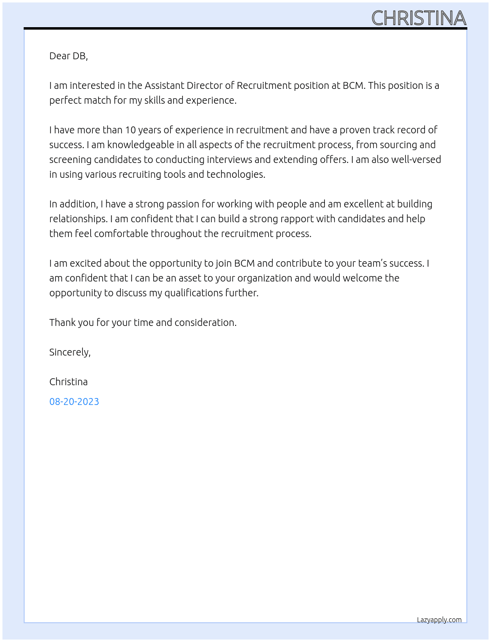 Assistant Director of Recruitment Experience At BCM Cover Letter