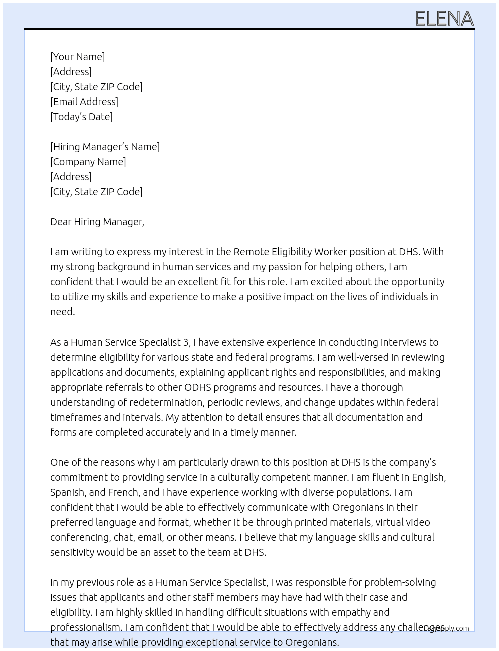 Remote Eligibility Worker, (Human Service Specialist 3) At DHS Cover Letter