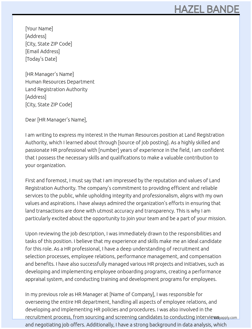 Human Resources  At Land Registration Authority Cover Letter