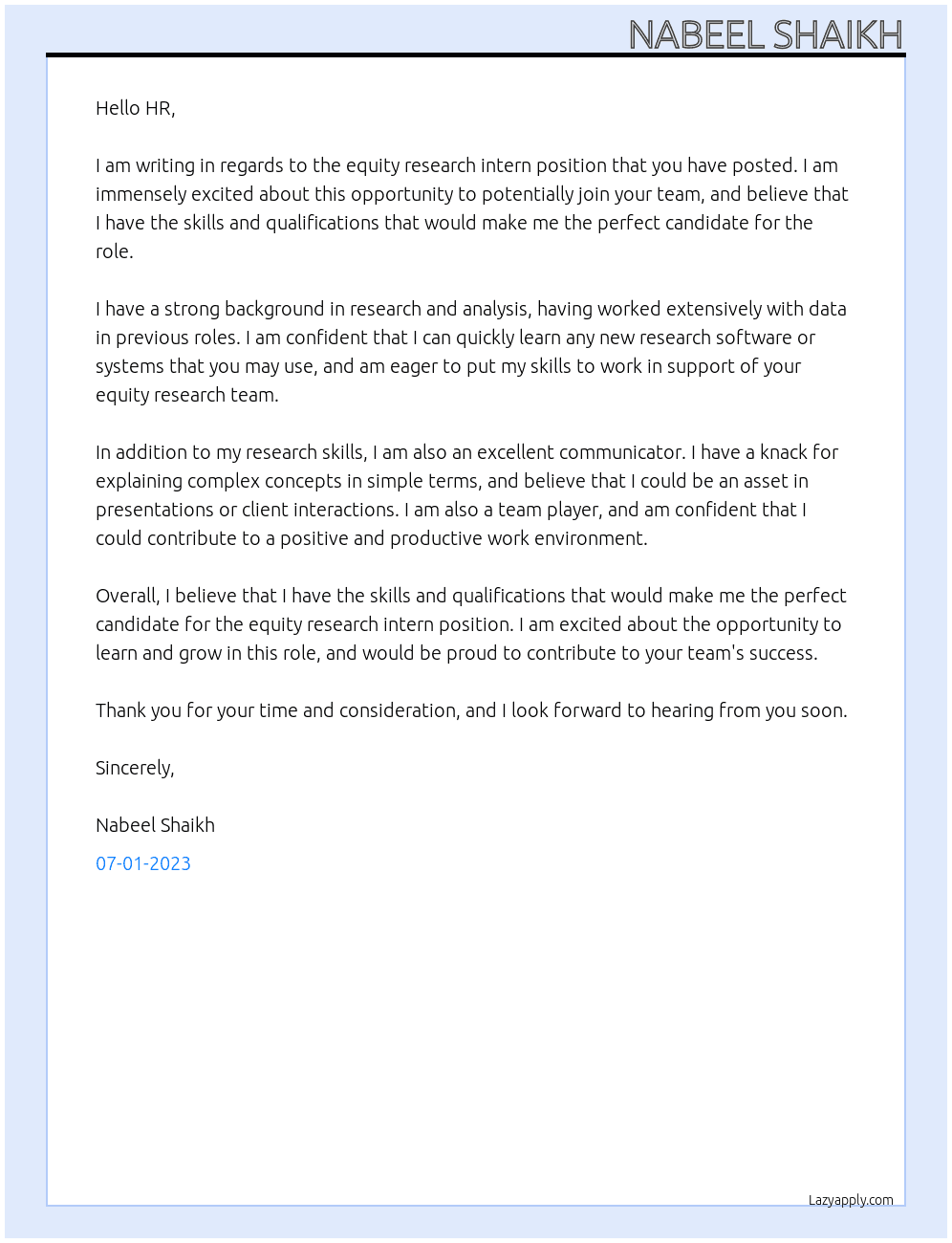 Equity research Intern At random Cover Letter
