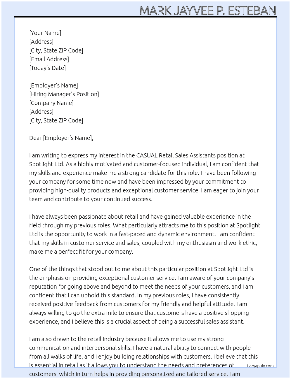 CASUAL Retail Sales Assistants At Spotlight Ltd Cover Letter