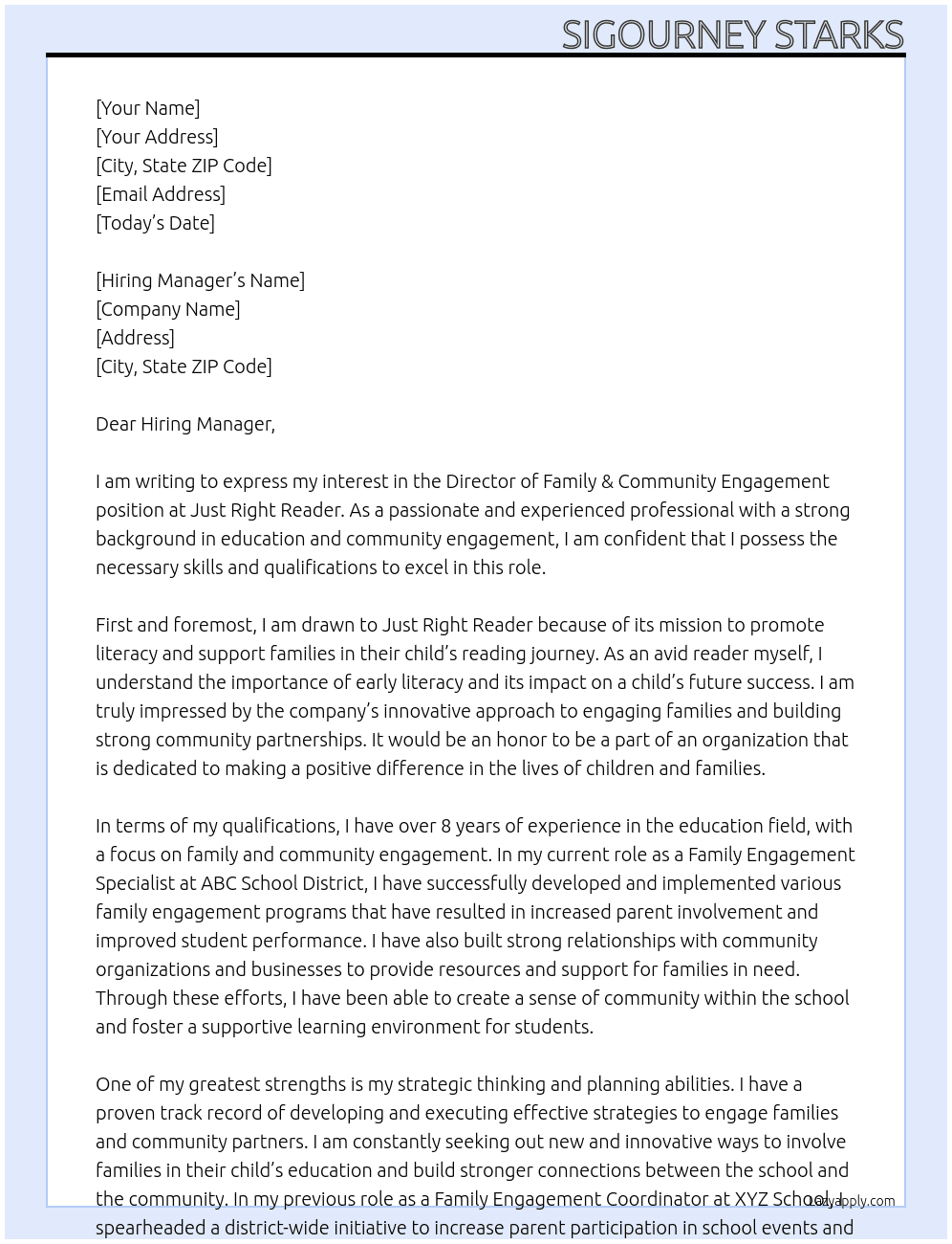 Director of Family & Community Engagement At Just Right Reader Cover Letter