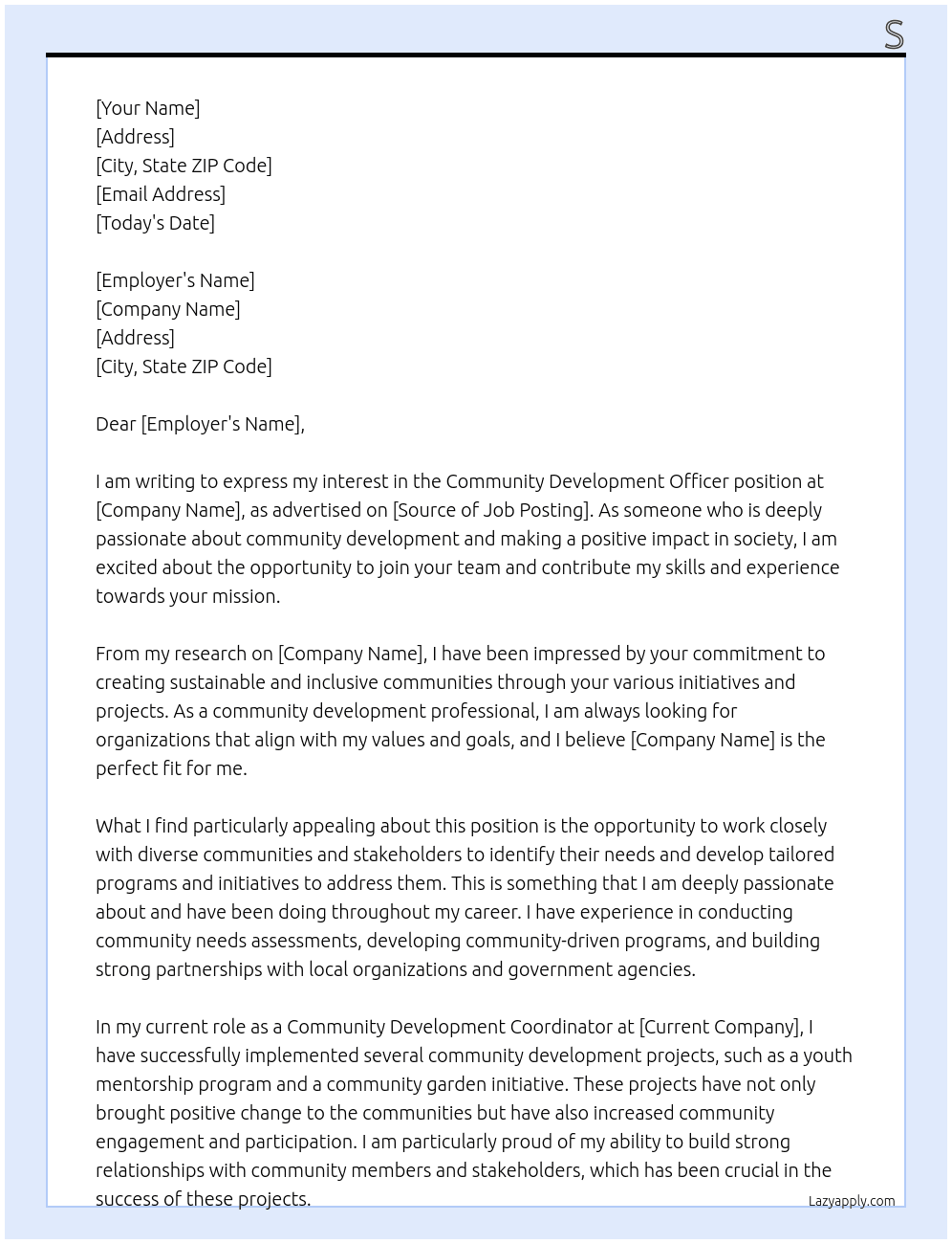 Community Development Officer At s Cover Letter