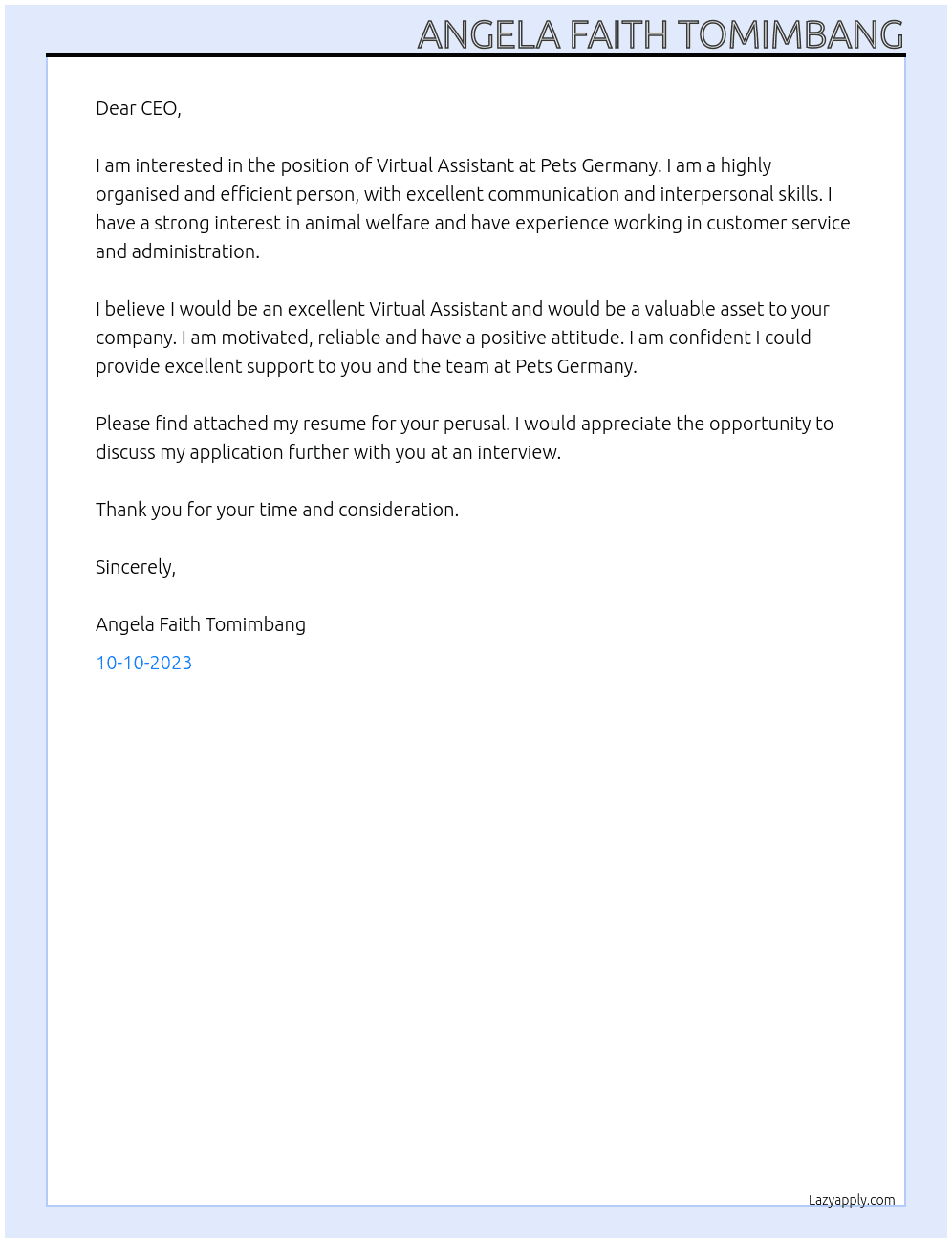 Virtual Assistant  At Pets Germany Cover Letter