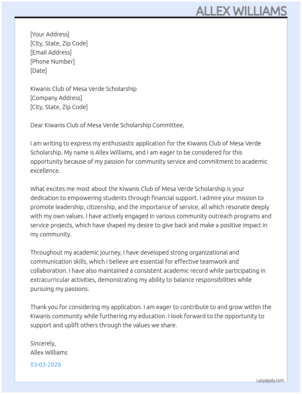 Scholarship At Kiwanis Club of Mesa Verde Scholarship Cover Letter