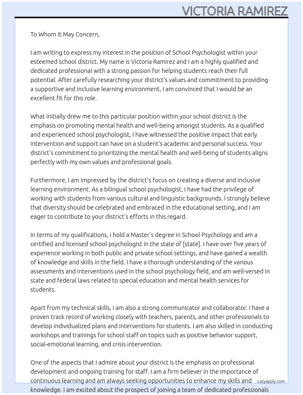 school psychologist At School district Cover Letter