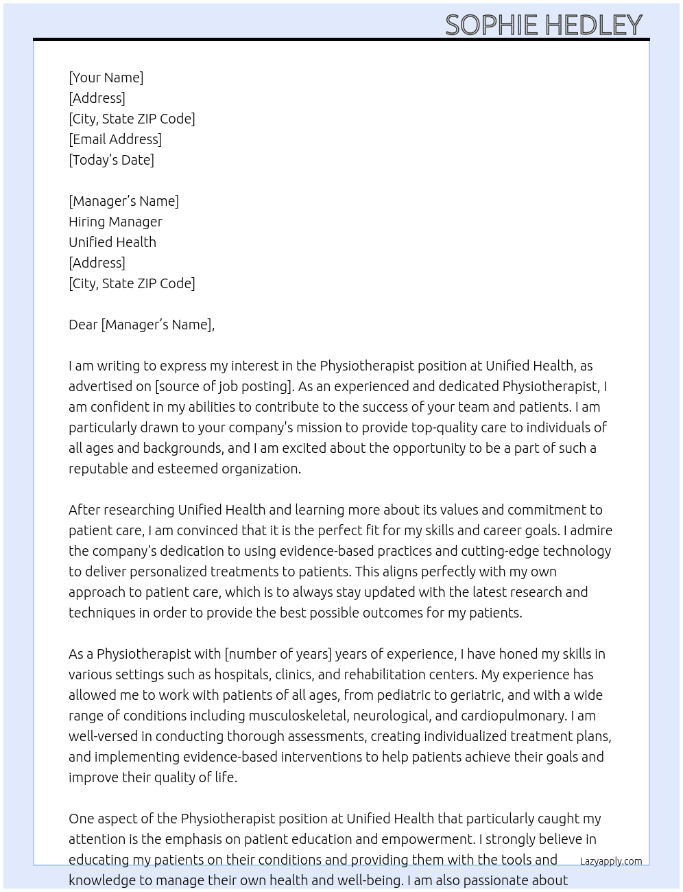 Physiotherapist  At Unified Health Cover Letter