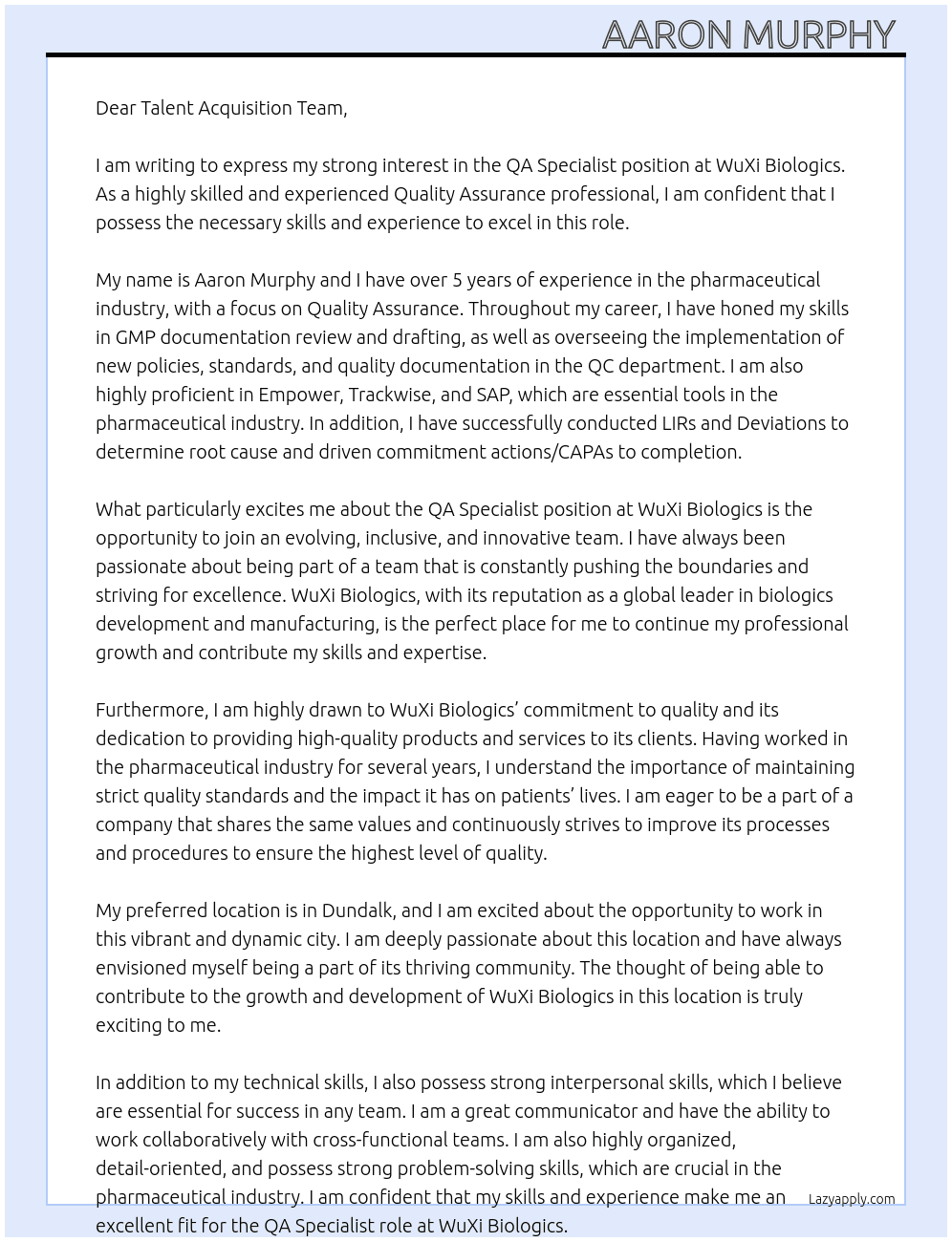 QA Specialist  At WuXi Biologics  Cover Letter