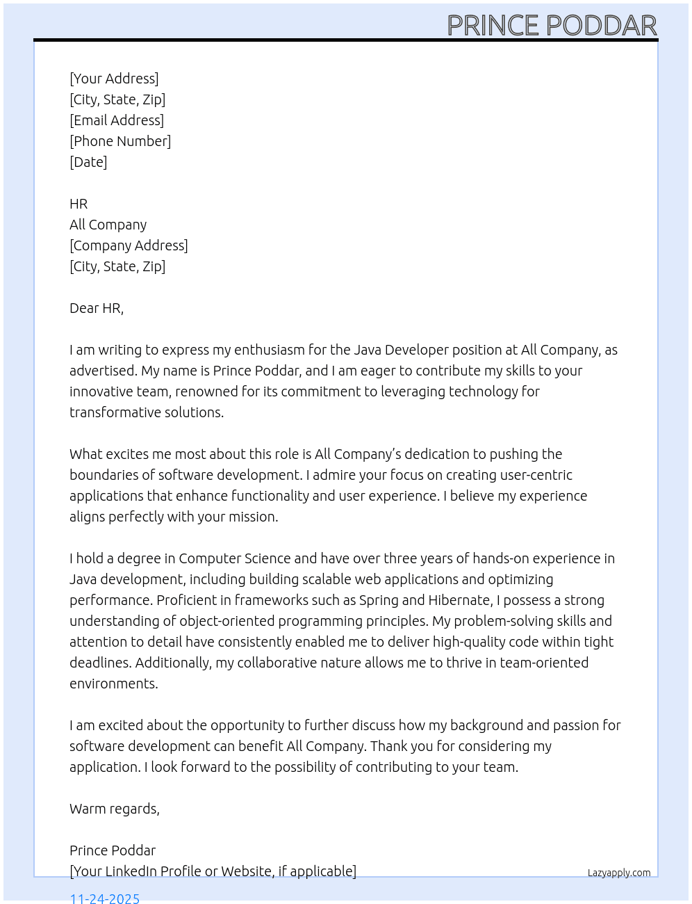 Java Developer  At All company Cover Letter