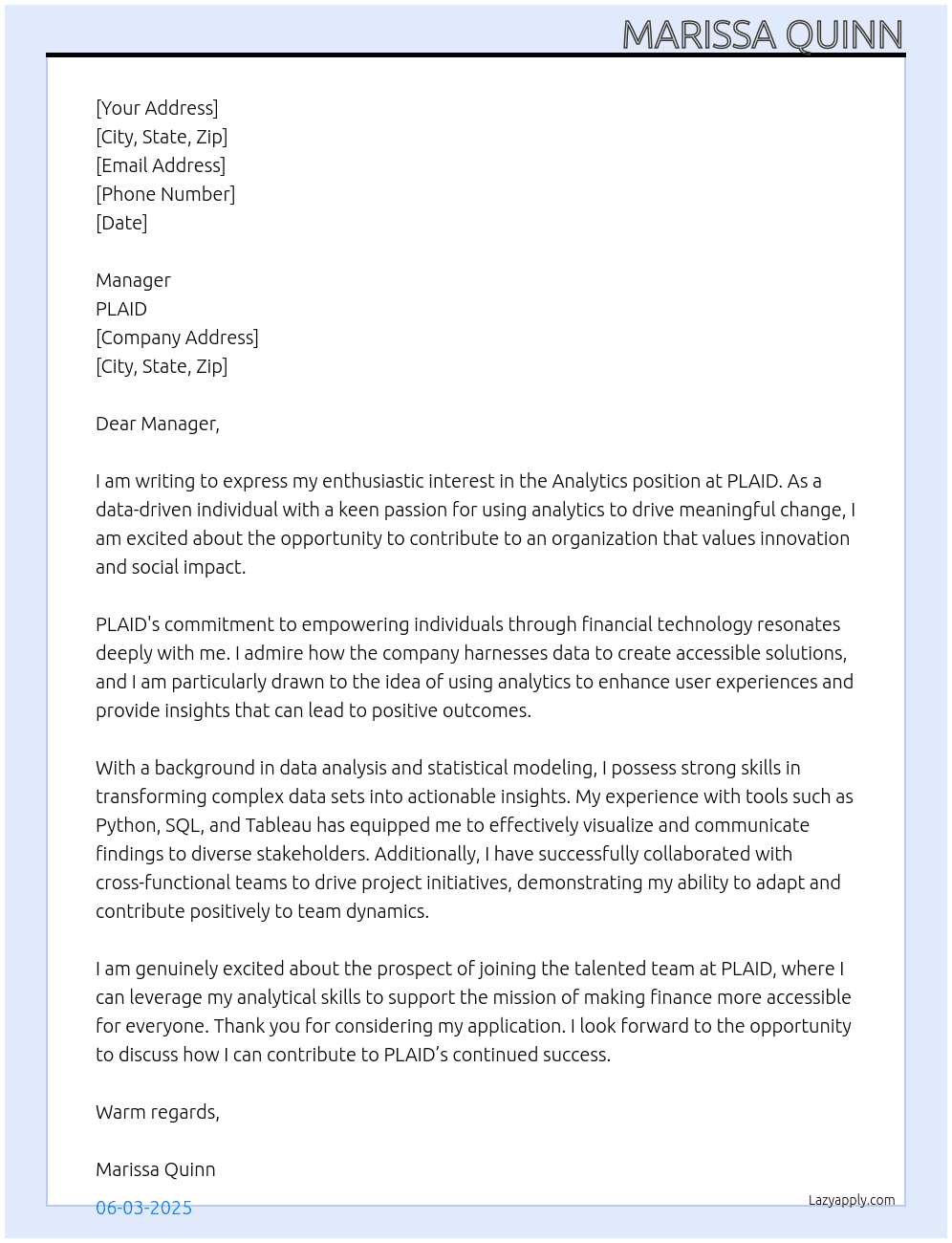 Analytics At PLAID Cover Letter