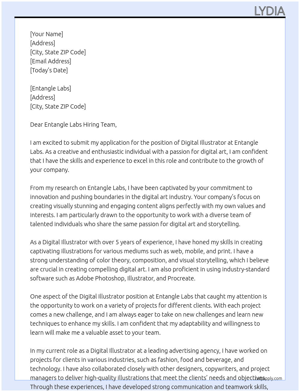 Digital Illustrator At Entangle Labs Cover Letter