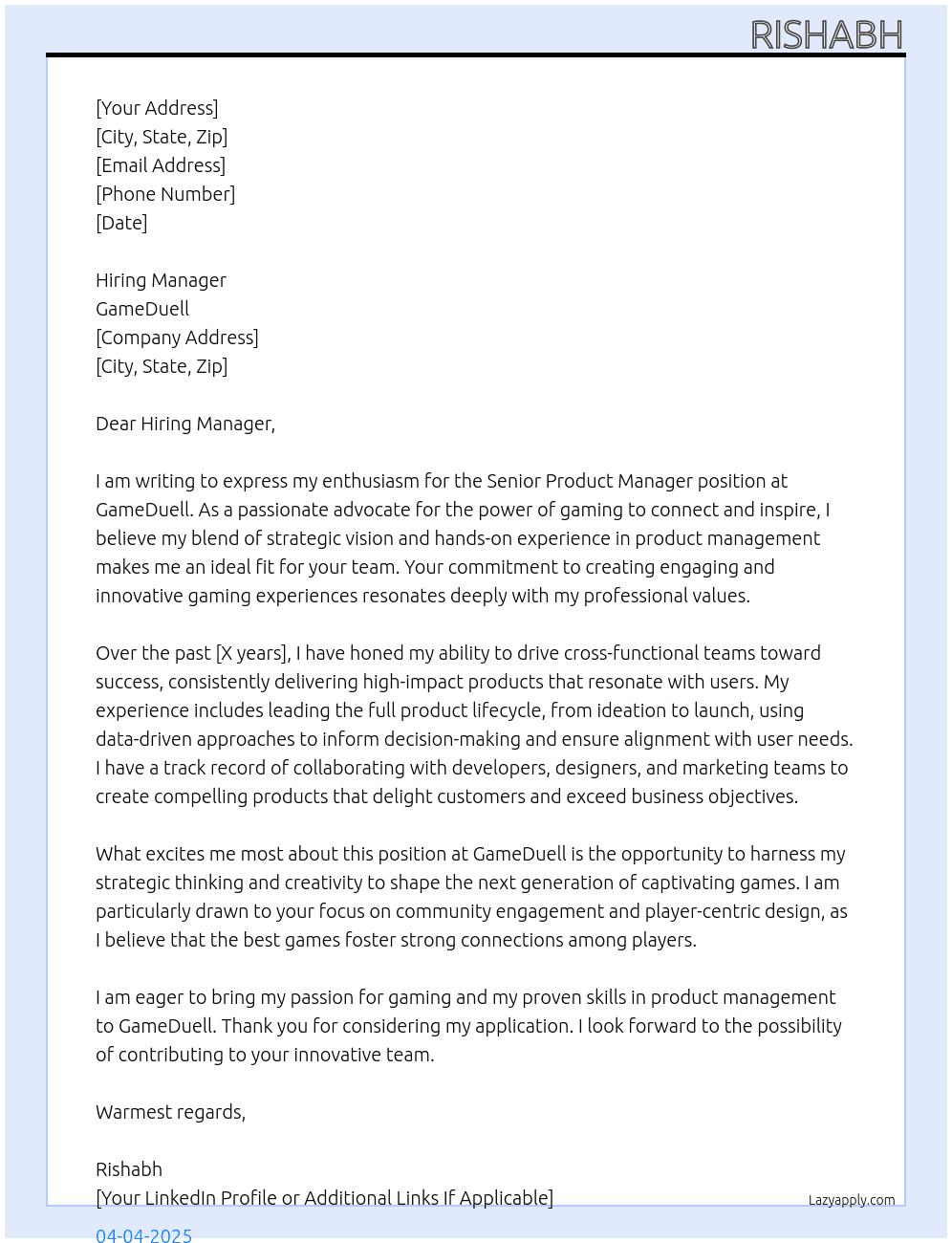 Senior Product Manager  At GameDuell Cover Letter