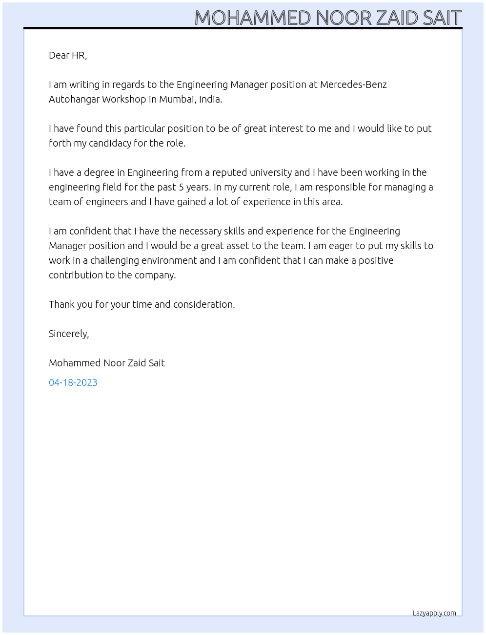 Engineering Manager At Mercedes-Benz Autohangar Workshop, Mumbai, India Cover Letter
