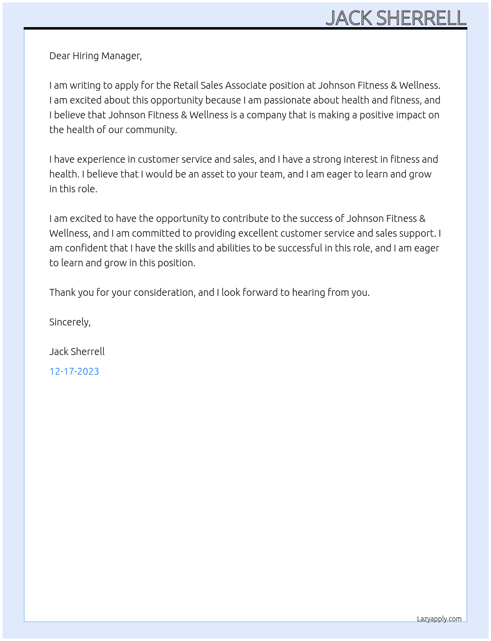 Retail Sales Associate At Johnson Fitness & Wellness Cover Letter