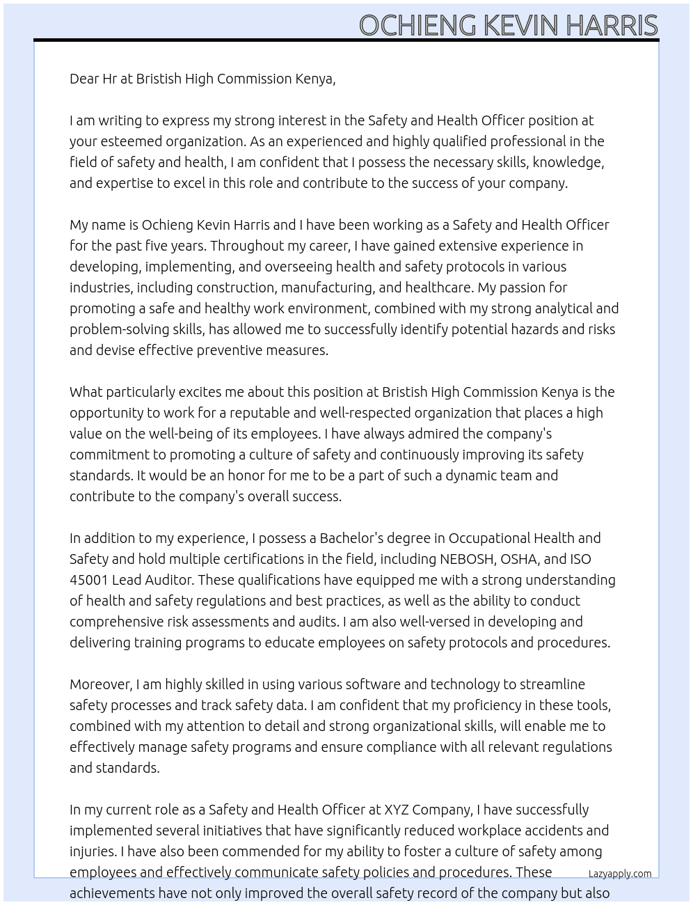 safety and health officer At Bristish high commission Kenya Cover Letter