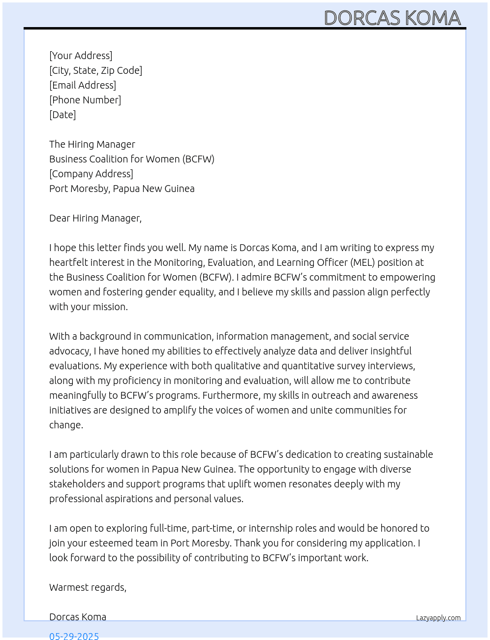 Monitoring, Evaluation and Learning Officer (MEL) At Business Coalition for Women- BCFW Cover Letter