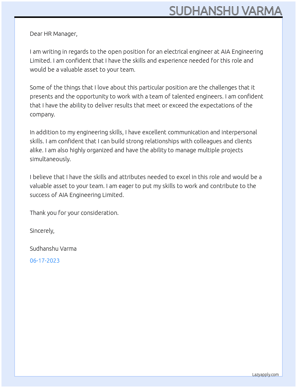 Electrical engineer At AIA Engineering Limited  Cover Letter