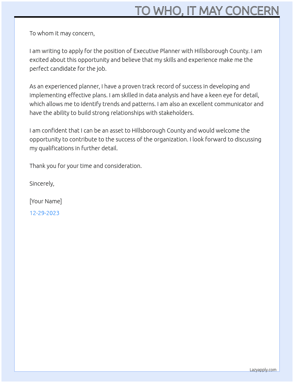 EXECUTIVE PLANNER  At executive planner  Cover Letter