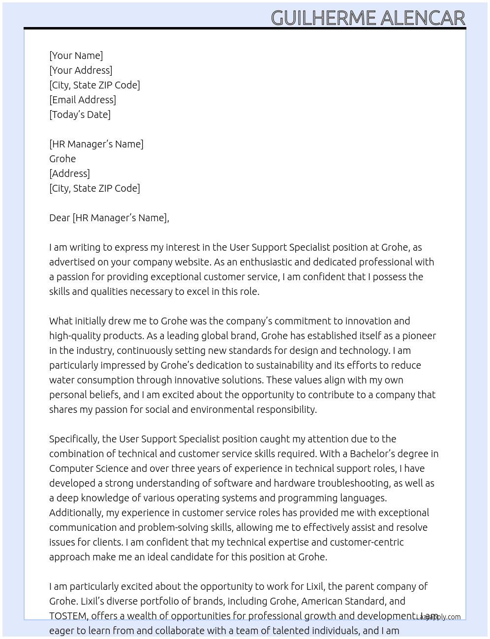 User Support Specialist At Lixil Cover Letter