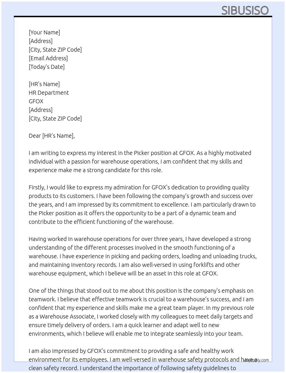 Picker At GFOX Cover Letter