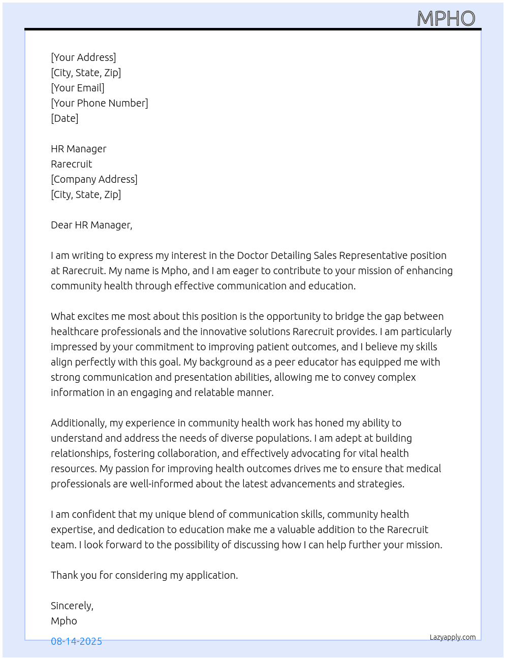 Doctor Detailing Sales Representative  At Rarecruit  Cover Letter
