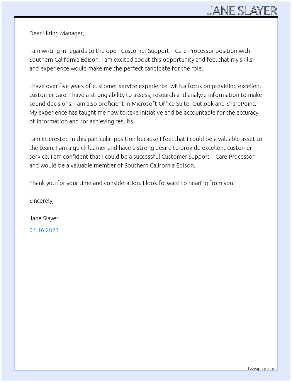 CUSTOMER SUPPORT – CARE PROCESSOR At Southern California Edison Cover Letter