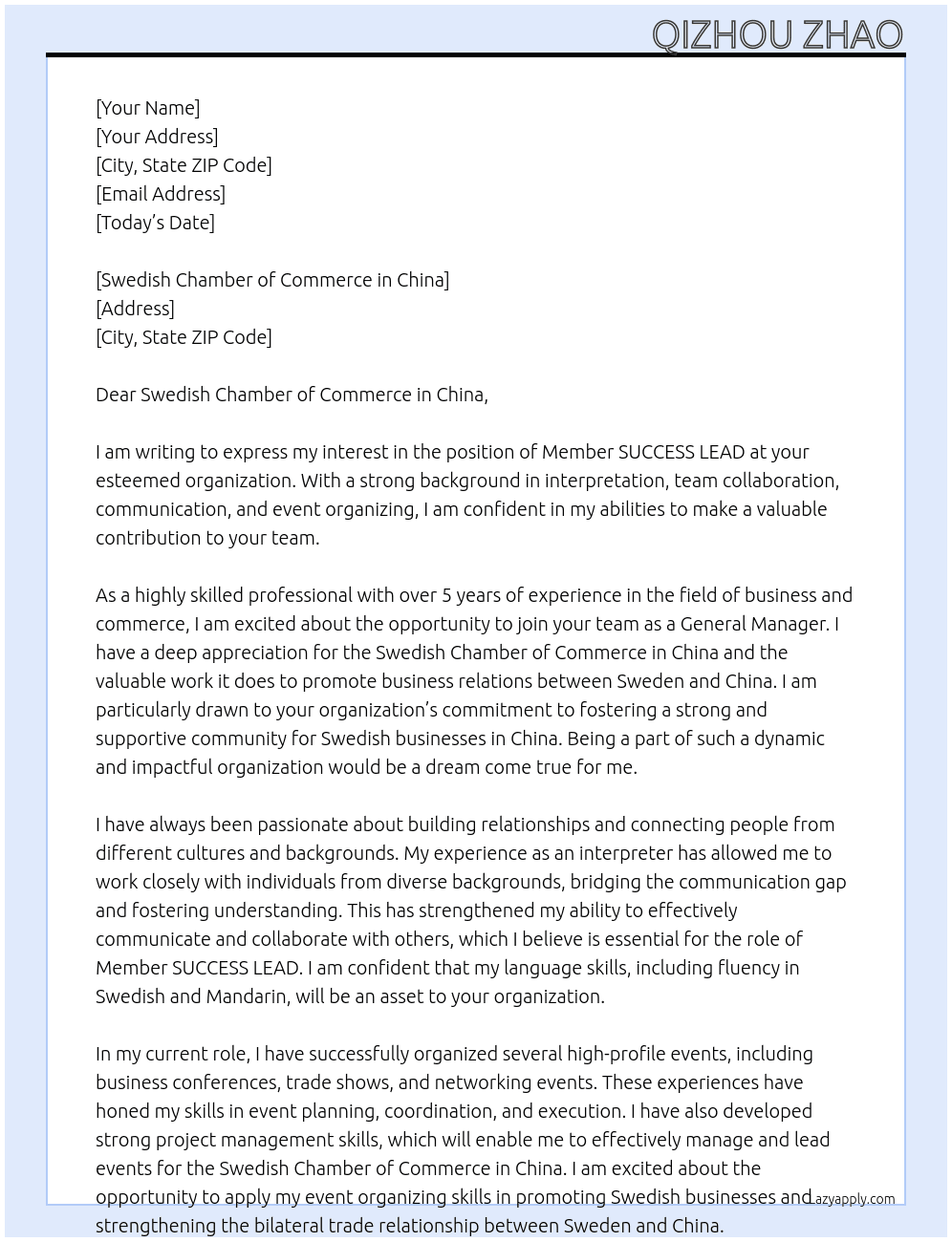 Member SUCCESS LEAD At General Manager Cover Letter
