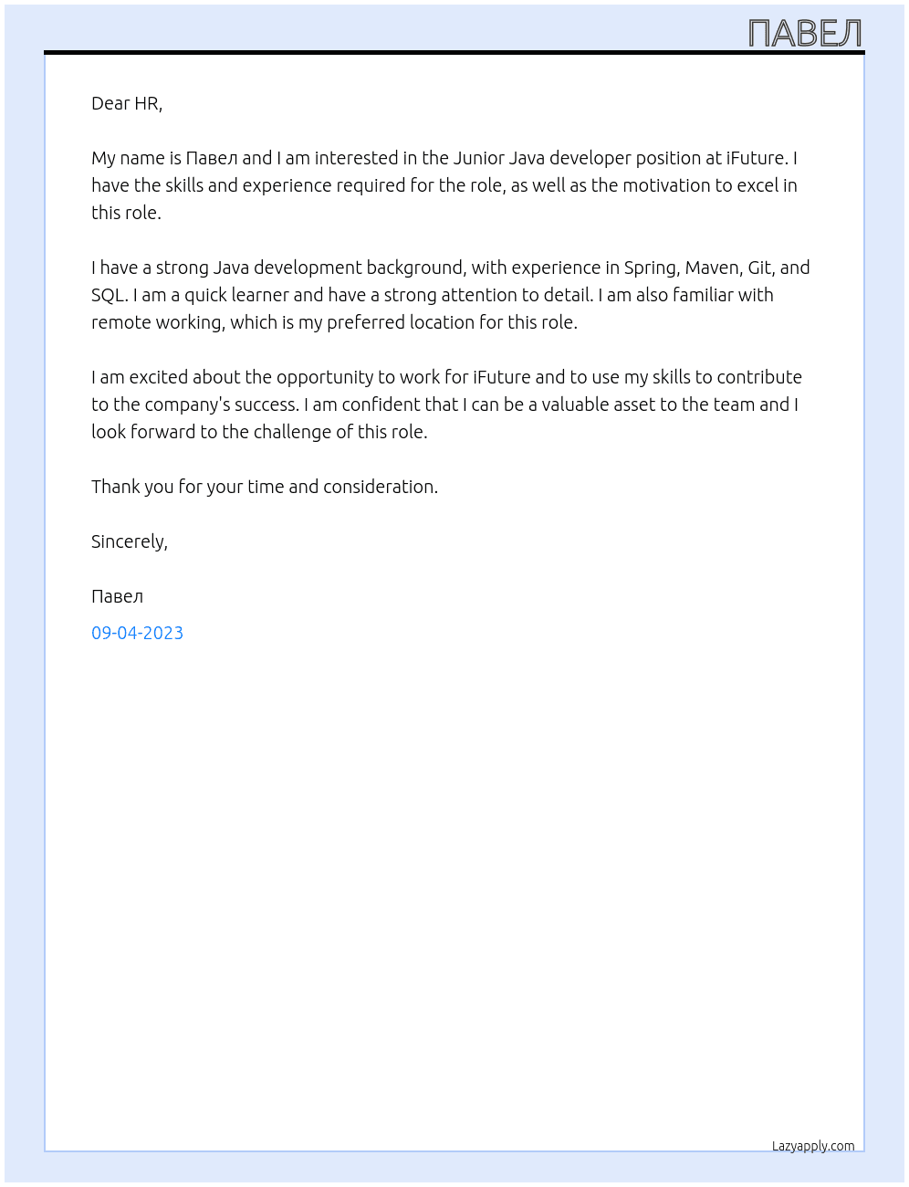 Junior Java developer At iFuture Cover Letter