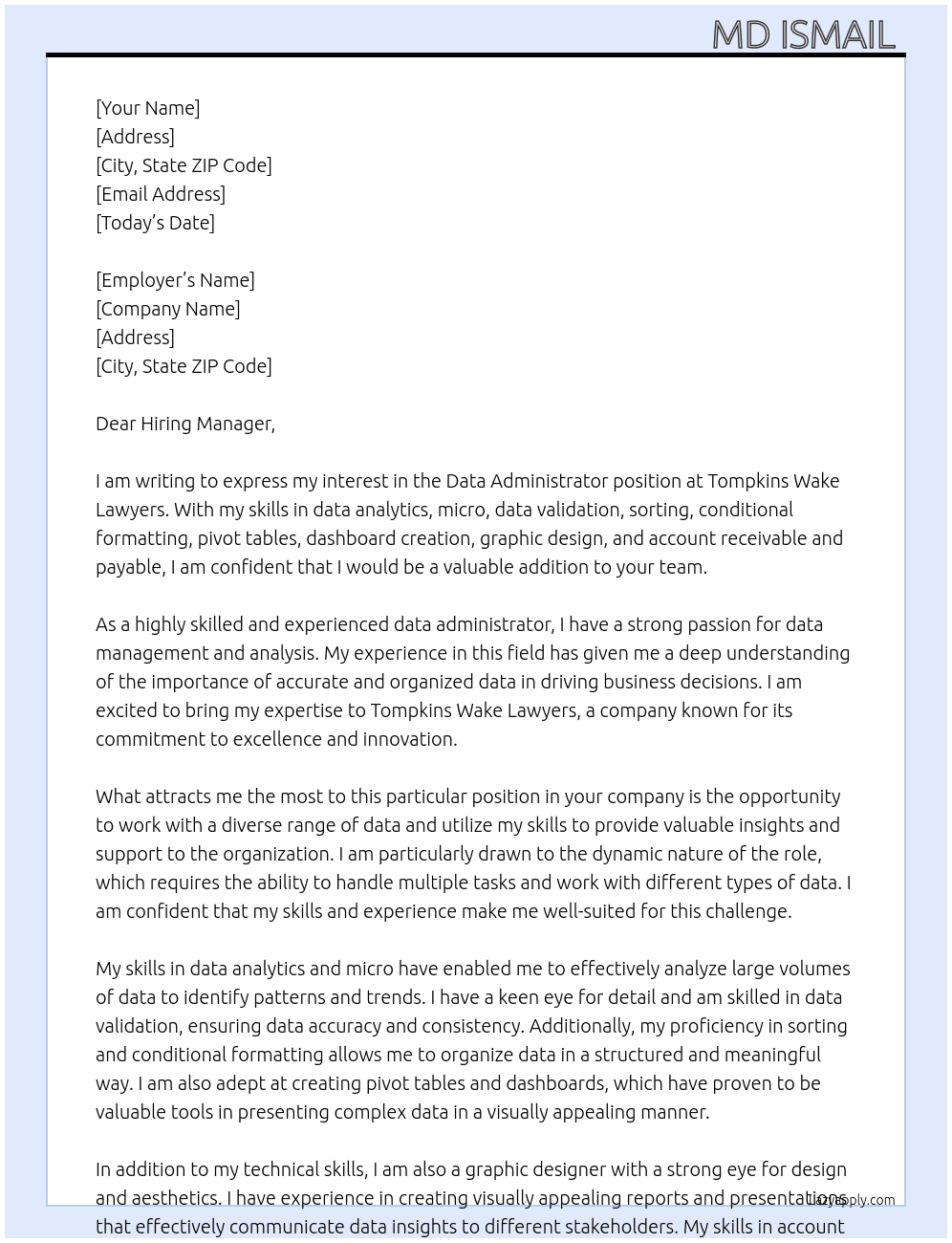 Data Administrator At Tompkins Wake Lawyers Cover Letter
