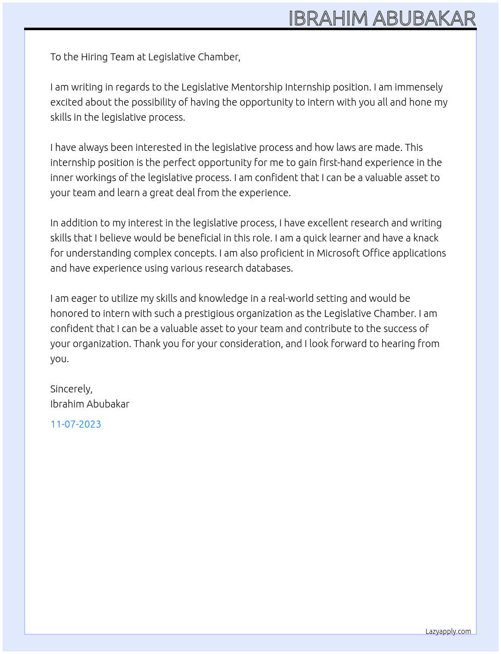 Legislative Mentorship Internship  At Legislative Chamber Cover Letter