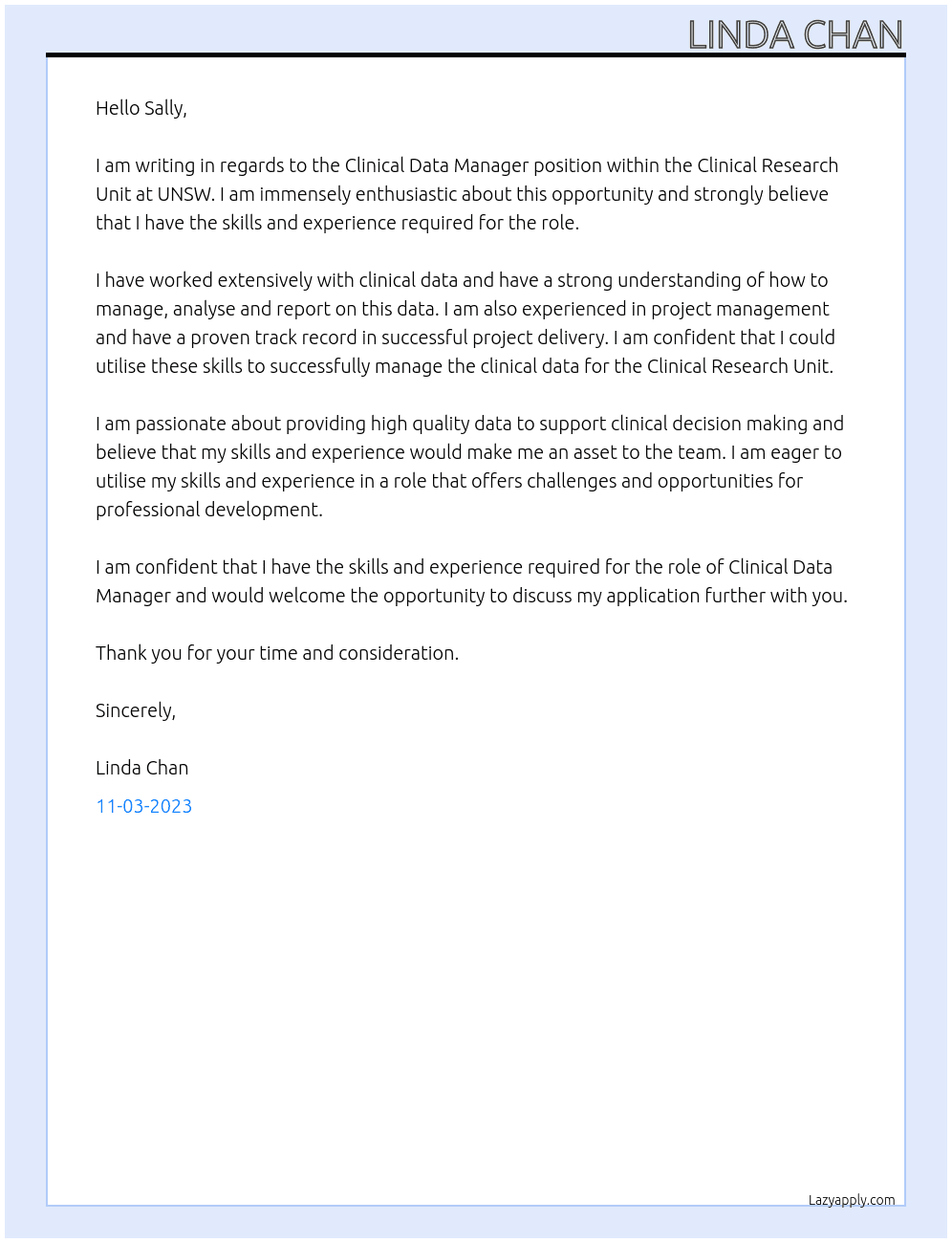  Applicant Login Job Alert Clinical Data Manager (Clinical Research Unit) At UNSW Cover Letter