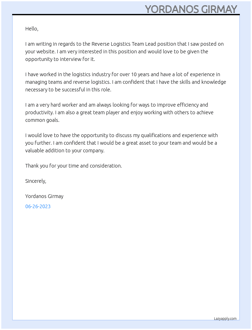 Reverse Logistics Team Lead At pervious employee Cover Letter