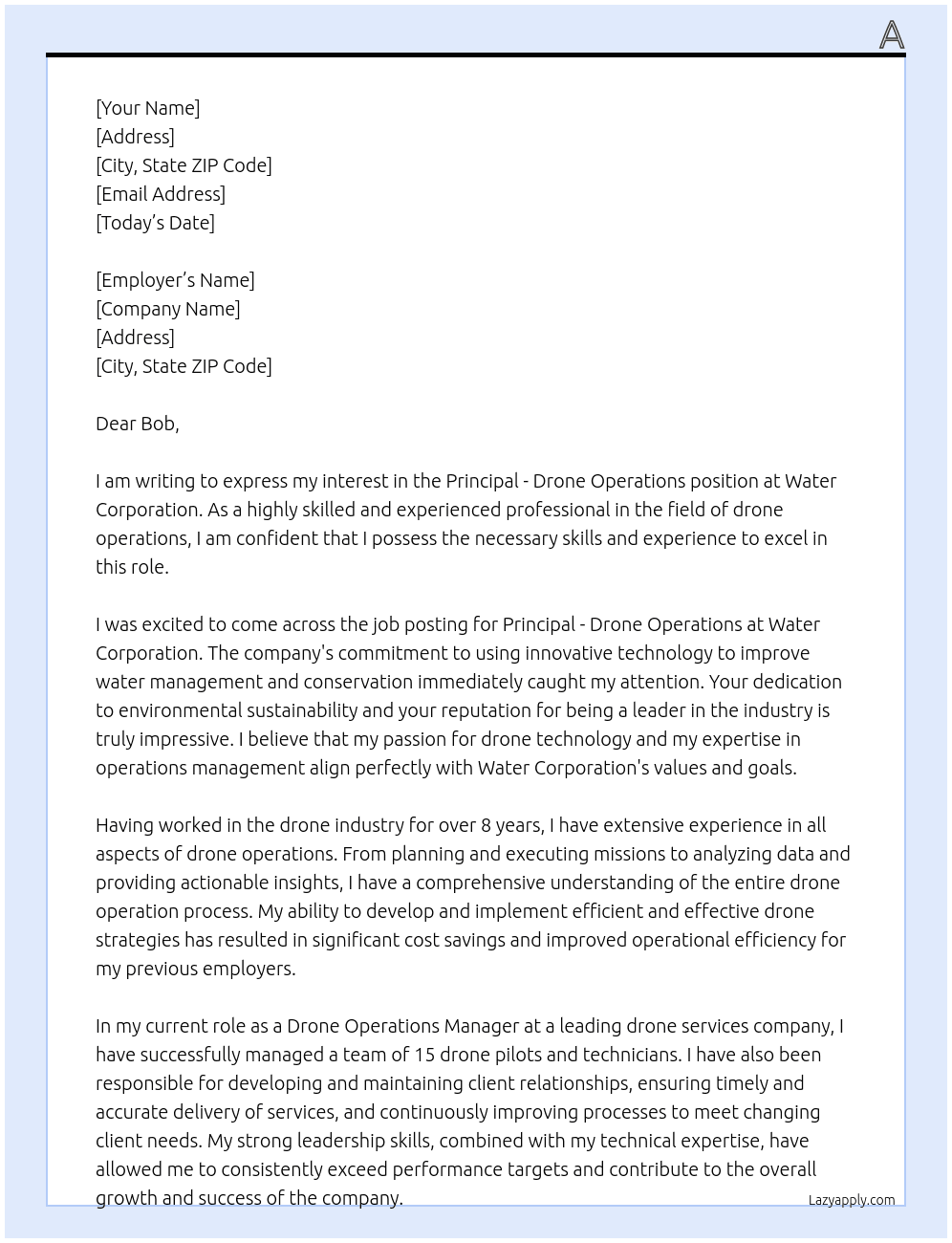 Principal - drone Operations  At Water COporation Cover Letter