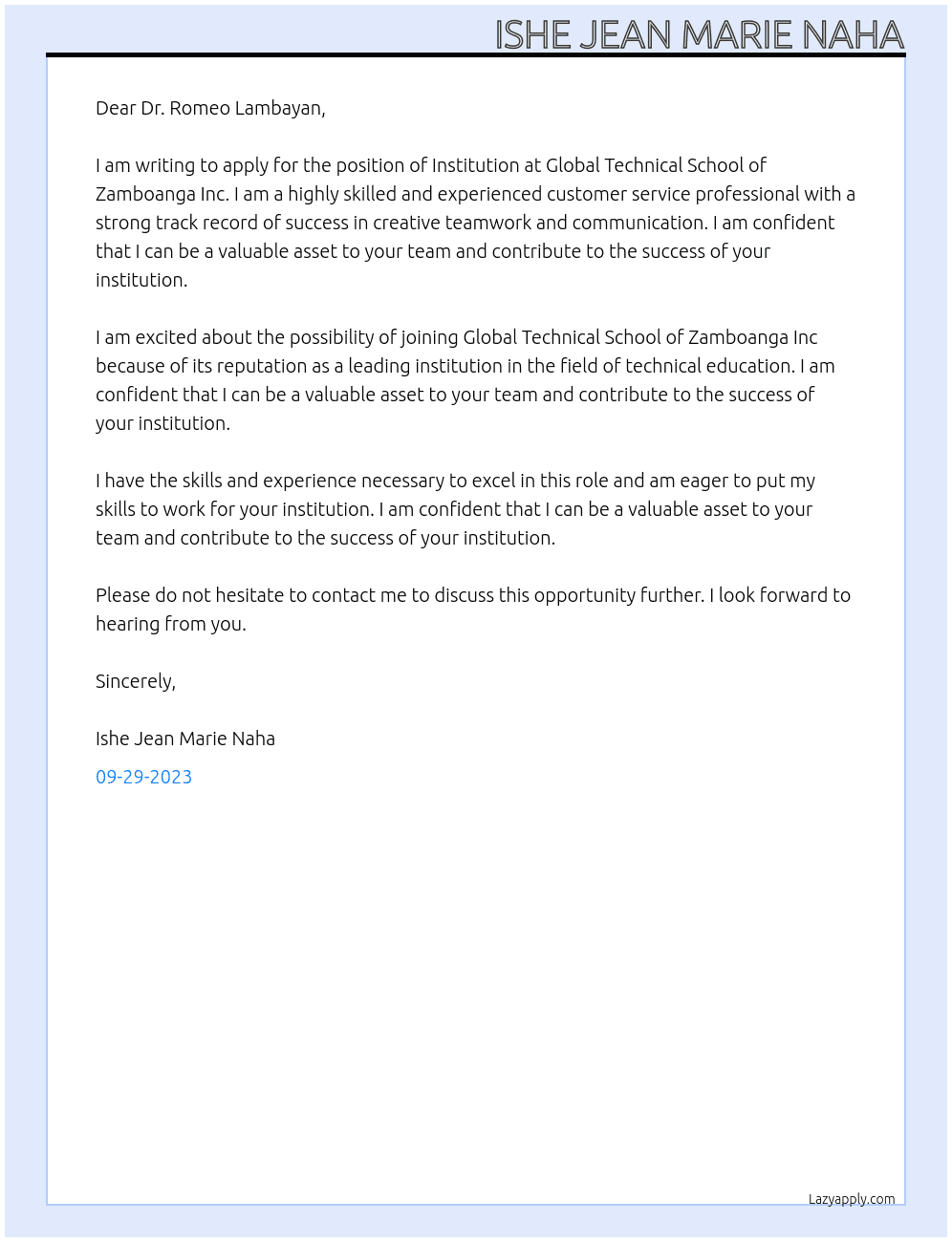 Institution  At Global Technical School of Zamboanga Inc  Cover Letter