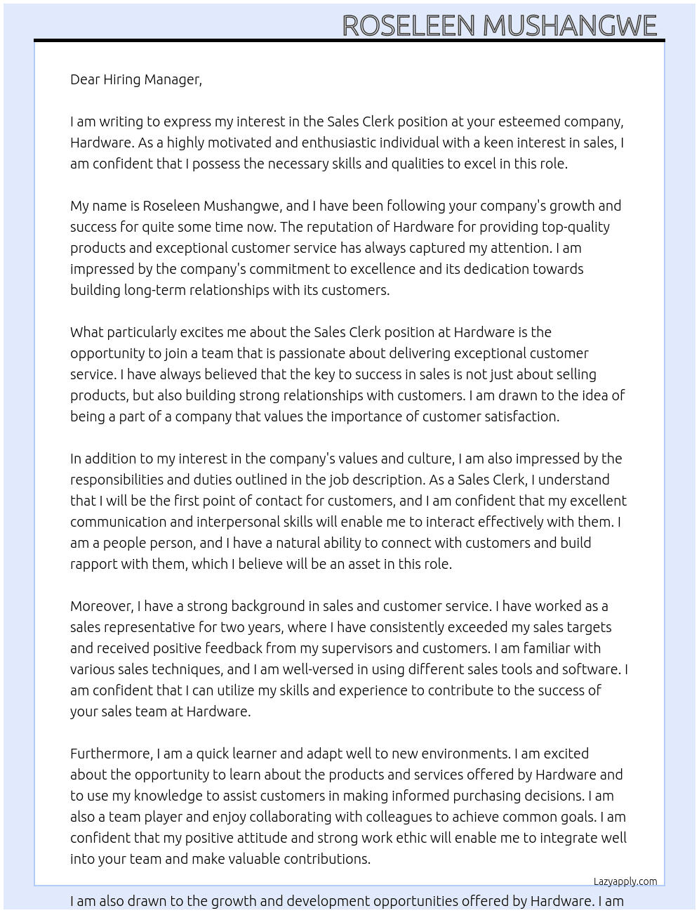 Sales Clerk  At Hardware Cover Letter