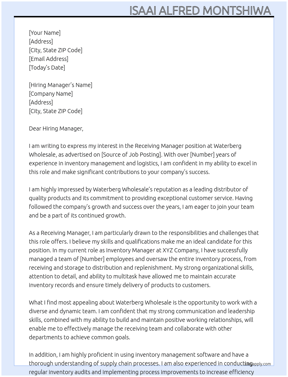 Receiving Manager  At Waterberg Wholesale  Cover Letter