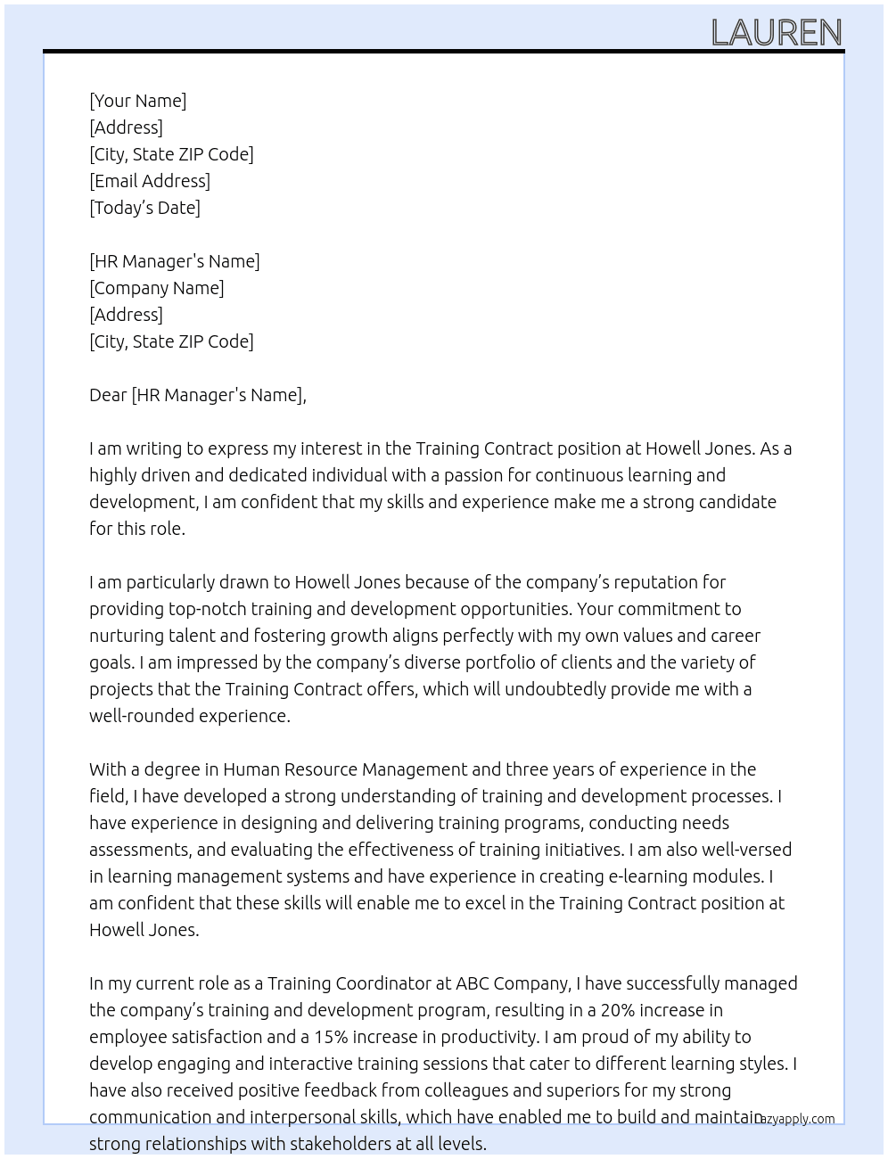 Training contract At Howell Jones Cover Letter