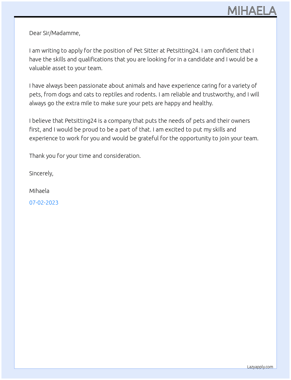 Pet Sitter At Petsitting24 Cover Letter