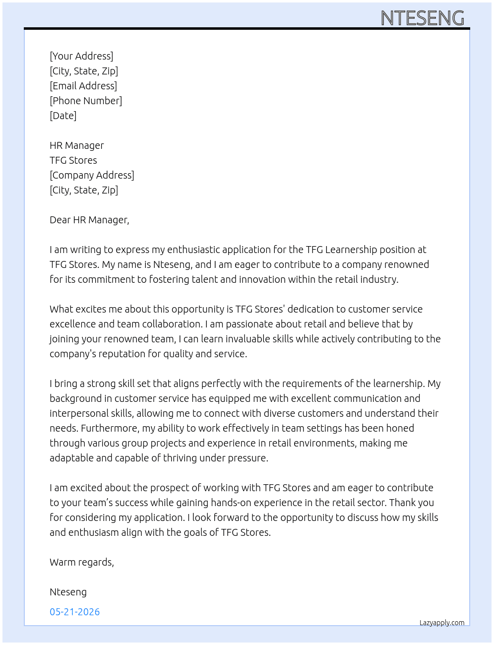 TFG LEARNERSHIP At TFG STORES Cover Letter
