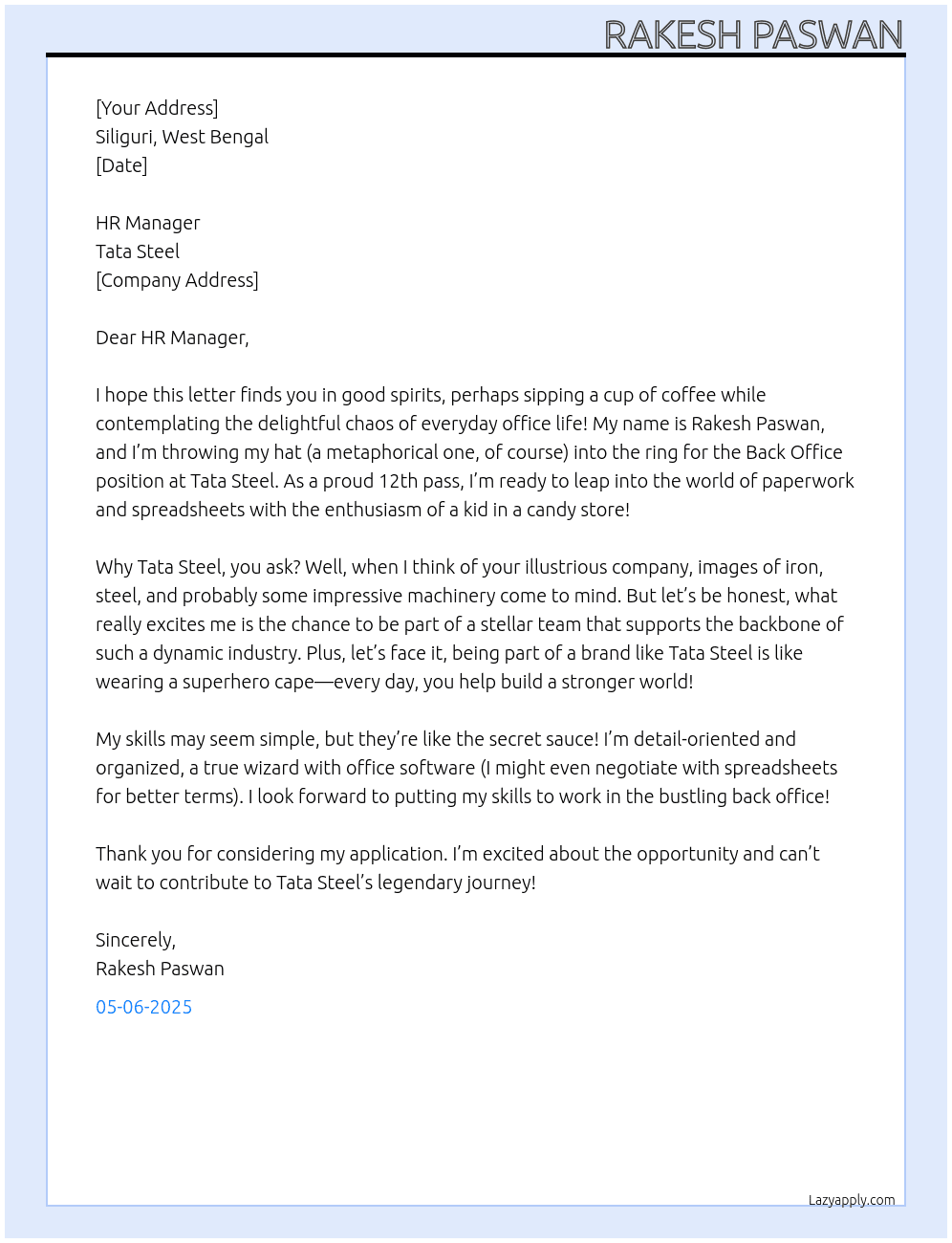 Back office  At Tata  Steel Cover Letter