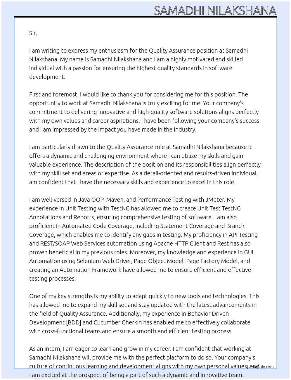 Quality Assurance At Samadhi Nilakshana Cover Letter