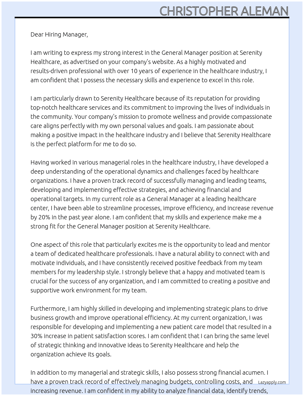 General Manager At Serenity Healthcare Cover Letter