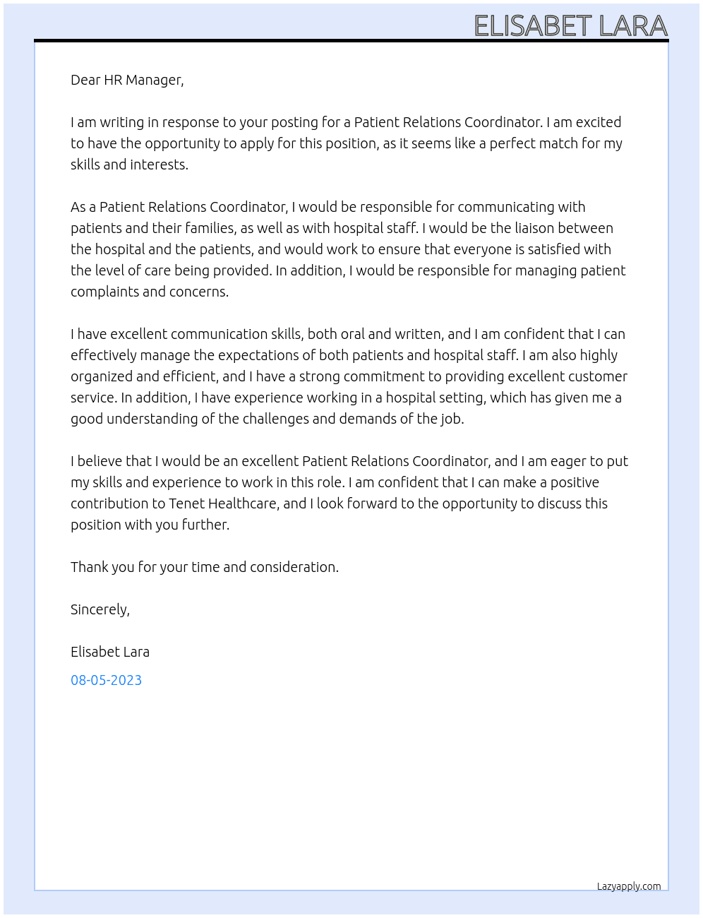 Patient Relations Coordinator At Tenet Healthcare Cover Letter