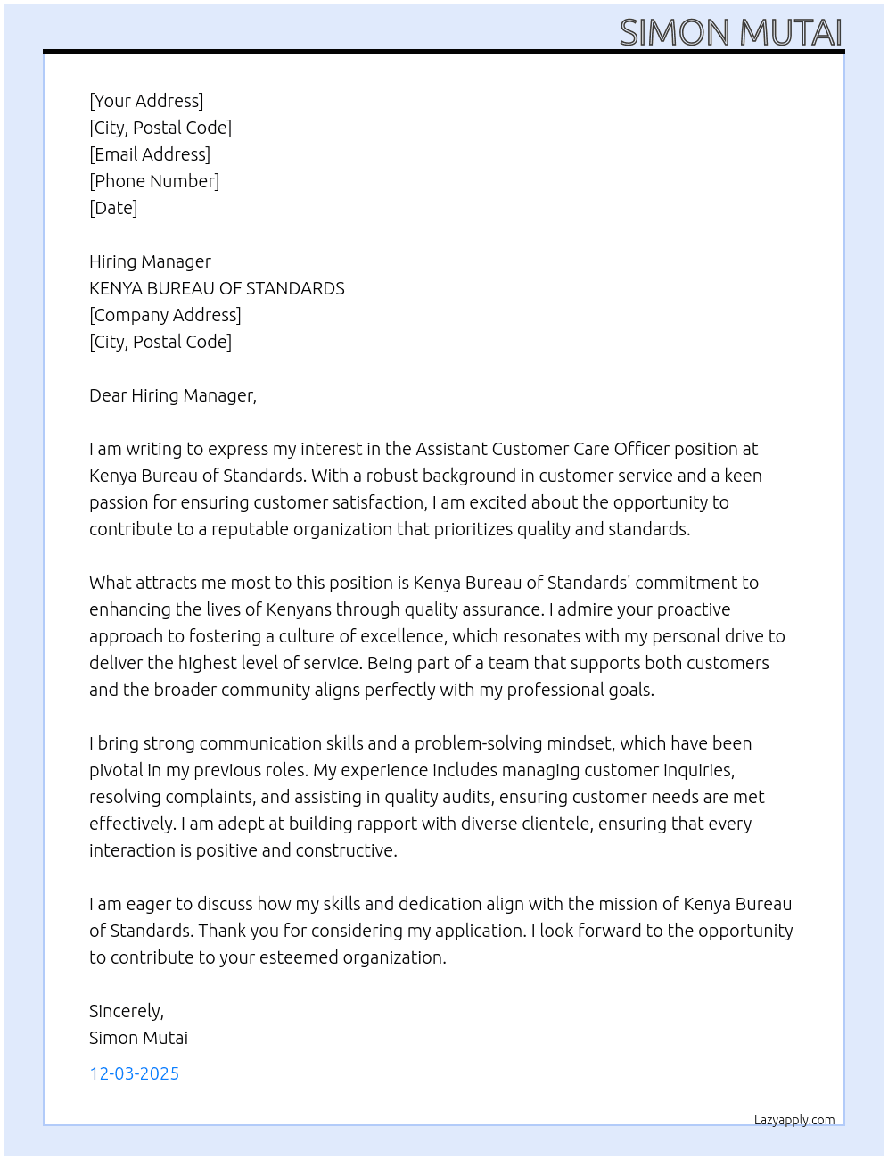 Assistant customer care officer At KENYA BUREAU OF STANDARDS Cover Letter